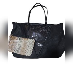 Victoria's Secret Chic Black Tote Bag with Animal Print Pouch